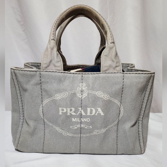 Prada Canapa denim hand tote medium size. Handles has slight discoloration. - Picture 1 of 16